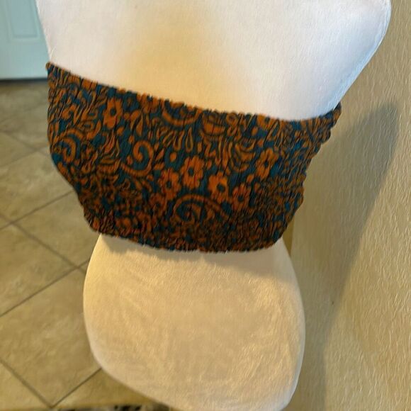 Raga Women's M Smocked Bandeau Tube Top Turquoise Brown Floral Boho Beach New - Picture 3 of 7
